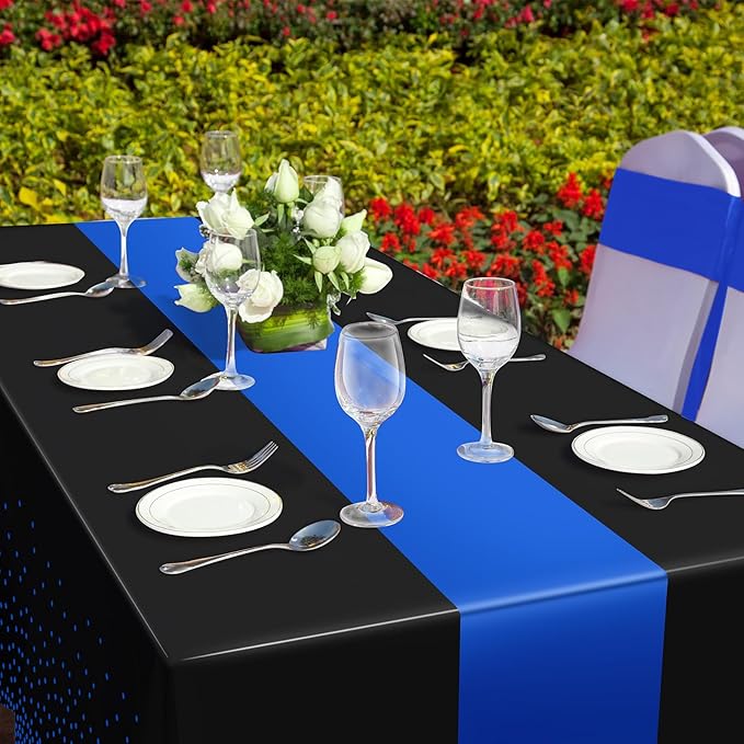 MASHAN 3Pcs Black and Blue Tablecloth Party Decorations,Plastic Black Table Cloth Printed Blue Table Runner Disposable Rectangle Cover for Birthday Wedding Anniversary Graduation Party,54 x108 Inch