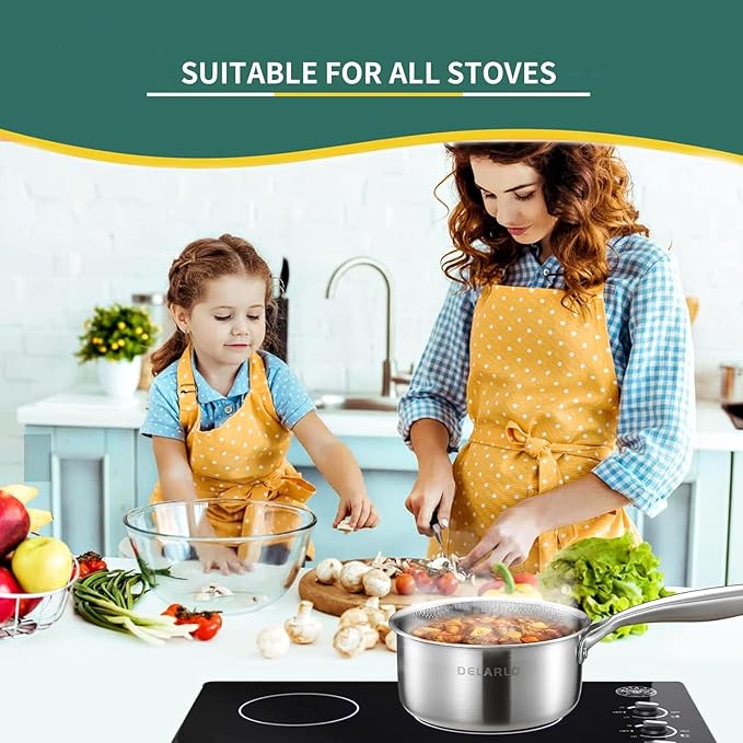 DELARLO Full Clad Tri-Ply Stainless Steel Saucepan 2.5QT, All Stove Safe 600??Lids 300??, Medium Sauce Pan with Lid, Non Stick Sauce Pan, Fast & Even Heat, Steel Pot with Lid, Energy Saving,2-1/2 QT