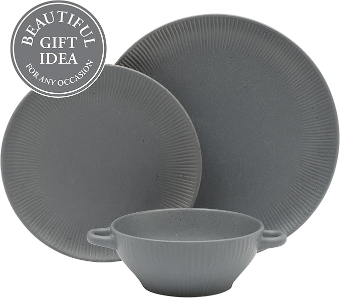 Gibson Elite Clover Hill 12-Piece Stoneware Dinnerware Set ??Dark Blue Embossed Plates and Bowls with Matte Speckled Reactive Glaze, Service for 4 ??Microwave & Dishwasher Safe