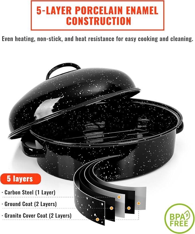 Roasting Pan with Lid & Rack 18 Inch Extra Large Deep Oven Baking Pot, Enamel Granite NonStick Oval Carbon Steel Potato Roaster Pot for Turkey Chicken Ham Steak NonToxic Perfect for Christmas Gift