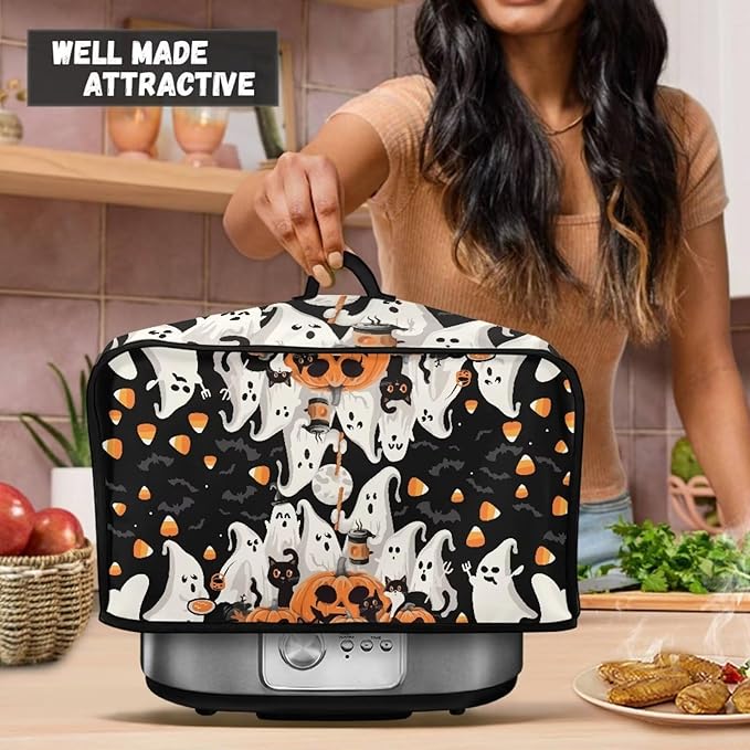 Ghost Wizard Slow Cooker Cover Oval Fit for Most 6 7 8 Quart Halloween Decor Crock Pot Cover Keep Appliance Clean, Slow Cooker Dust Cover with Mesh Pocket for Accessories