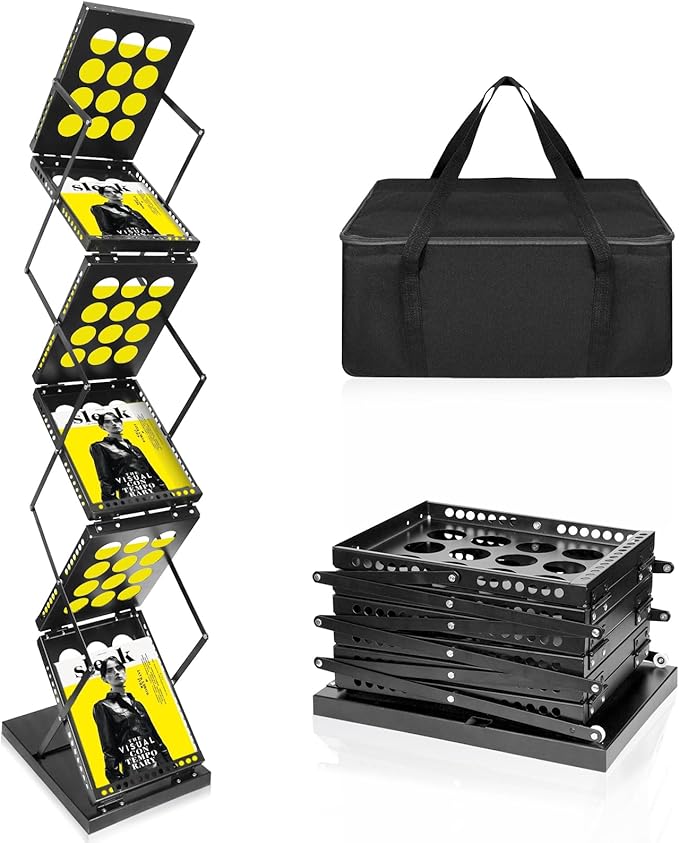 Folding Literature Rack, 6 Pockets Metal Brochure Holder Stand Floor Standing Magazine Rack竊똃ouble-sided Display Flyer Holder Stand Literature Stand for Trade Show Office Store Home