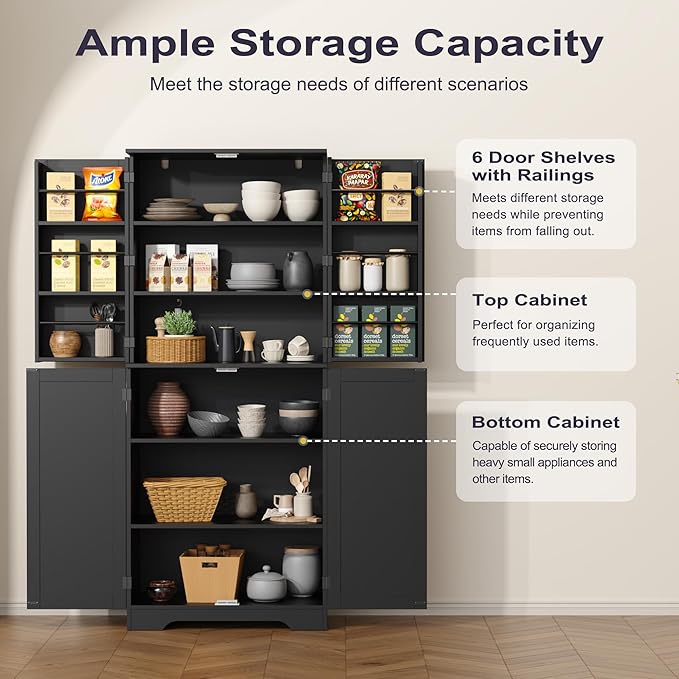 Rattan 72" Tall Kitchen Pantry Cabinet with 4 Doors, Boho Cabinet with Adjustable Shelves, Modern Mid Century Food Pantry with Storage, Freestanding Cupboard for Living Room, Bathroom, Black
