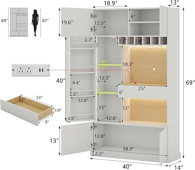iPormis 69" Tall Kitchen Pantry Storage Cabinet with LED Lights & Microwave Stand & Wine Rack, Kitchen Hutch with Door Shelves & Adjustable Shelf & Drawers & Charge Station for Living Room, White
