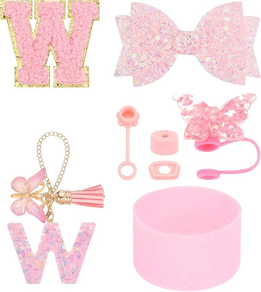 uxcell 8Pcs Cup Accessories Set for Cup Tumbler with Handle, Including Silicone Straw Cover, Boot, Spill Proof Stopper, Handle Charm, Initials Sticker(Letter W, Pink)