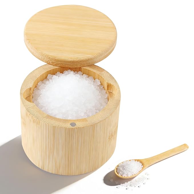 Ninsula Bamboo Salt Cellar, 360째 Magnetic Swivel Lid Salt Container with Built-in Spoon for Storing Table Salt, Pepper, Sugar, Sea Salt, Spices, and Herbs
