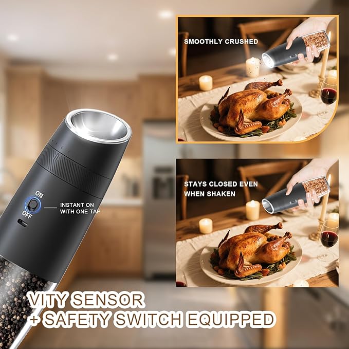 Electric Salt and Pepper Grinder Set ??Rechargeable Gravity Automatic Pepper Mill Gift Set with LED Light & 6 Adjustable Coarseness
