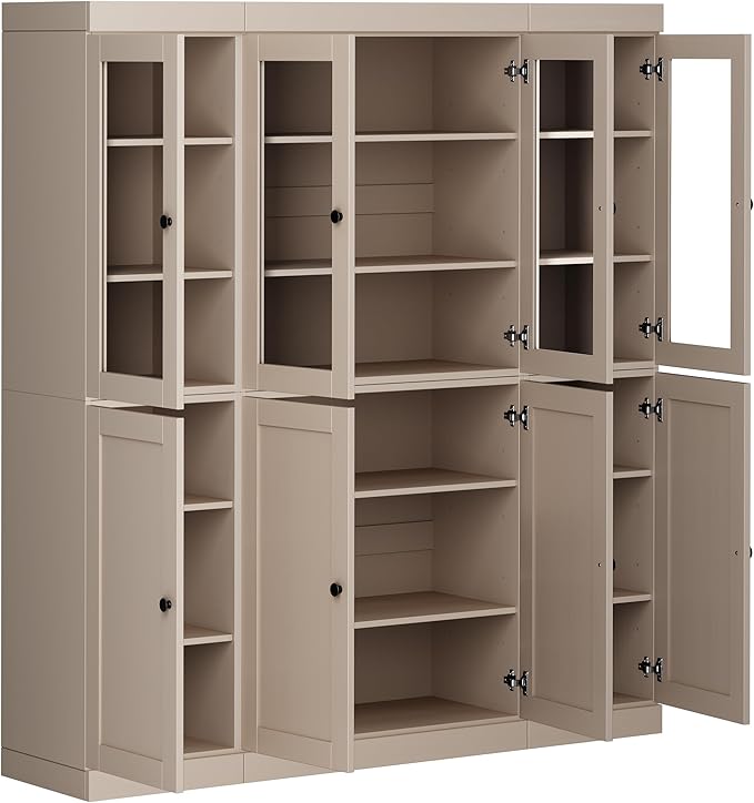 Palace Imports 100% Solid Wood Kitchen China Pantry Cabinet, 65" W - 4 Clear Glass & 4 Shaker Doors, Renewable Eco-Friendly Wood, Made in Brazil (Beige, 8 China/Shaker Doors | NO Drawers)