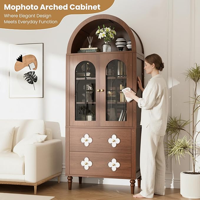 MOPHOTO Arched Cabinet, 71 in Arched Cabinet with Glass Doors, Modern Versatile Pantry Storage Cabinet with 2 Large Drawers for Living Room, Kitchen, Dining Room