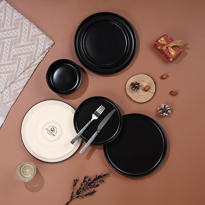 LIANYU Plates and Bowls Sets for 8, 24 Piece Stoneware Dinnerware Set, Porcelain Dishware for Kitchen and Dining, Microwave Oven Dishwasher Safe, High temperature & Scratch Resistant, Matte Black