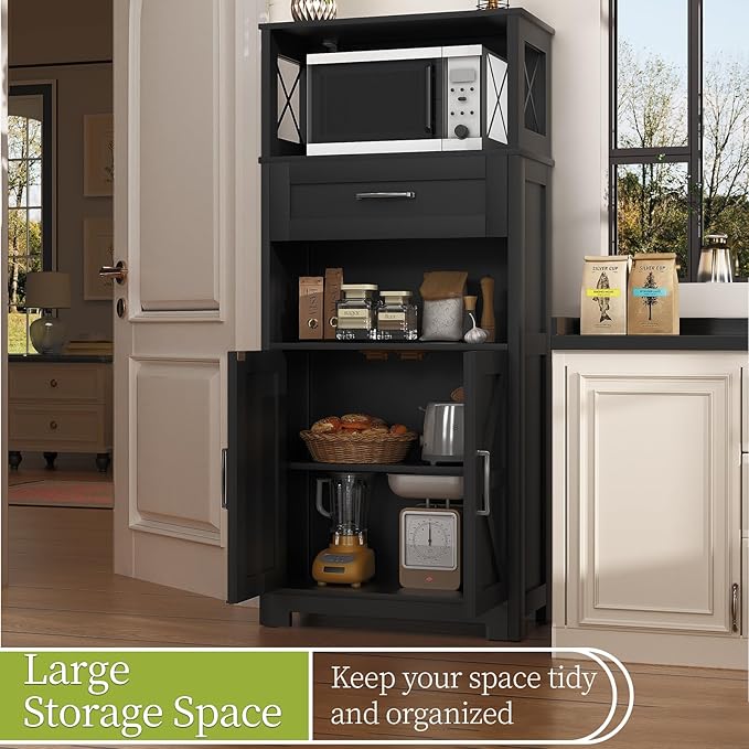 55" Tall Kitchen Pantry, Farmhouse Storage Cabinet with Doors, Shelves and Drawer, Rustic Wood Cupboard for Kitchen, Dining Room (Black)