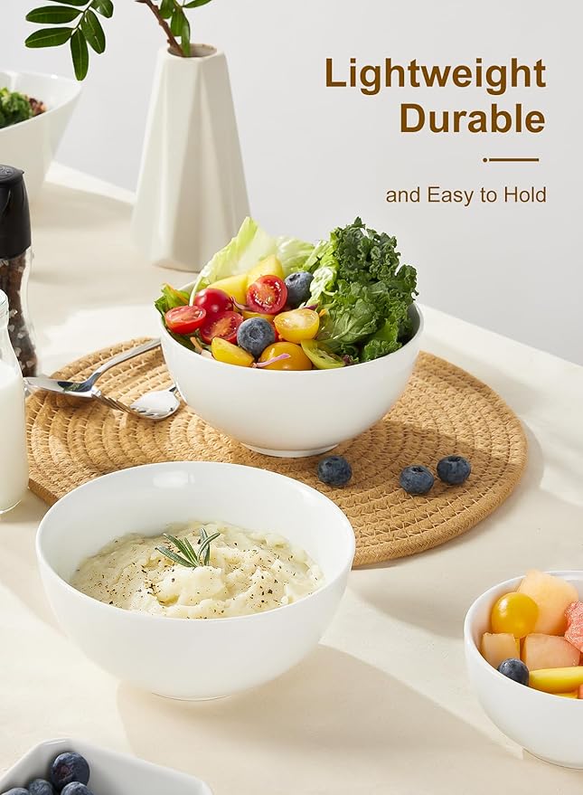 Yedio 22 oz White Porcelain Bowls Set of 4 ??Cereal, Soup, Rice, Oatmeal & Salad Bowls ??Microwave & Dishwasher Safe, Stackable for Kitchen Use