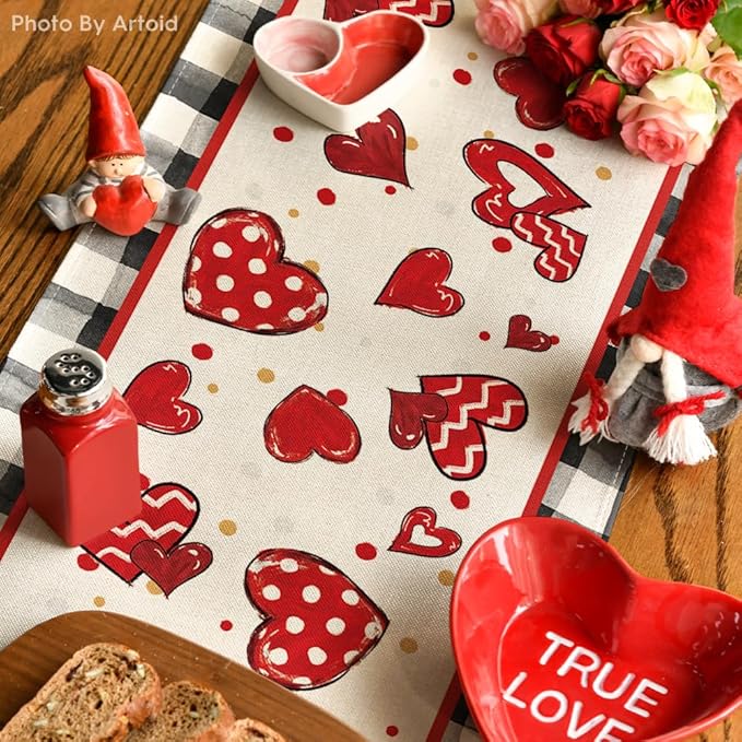 Artoid Mode Buffalo Plaid Red Heart Bow Tie Valentine's Table Runner, Seasonal Kitchen Dining Table Decoration for Home Party Decor 13x48 Inch