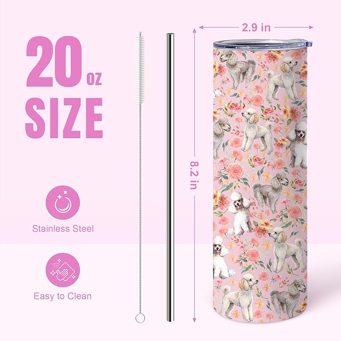 Yogusut Poodle Gifts for Women, 20oz Stainless Steel Insulated Tumbler Travel Mug Cup with Lid Straw Brush, Gifts for Dog Mom Dog Lover