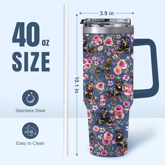 Yogusut Rottweiler Gifts for Women, 40oz Stainless Steel Insulated Tumbler Travel Mug Cup with Handle Straw, Gifts for Dog Mom Dog Lover