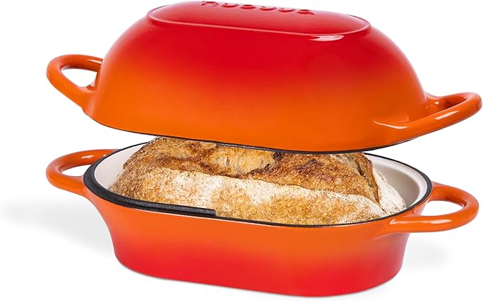 Dutch Oven For Sourdough Bread Baking ??Enamelled Cast Iron Bread Loaf Pot ??Oven Safe Non Stick Bread Pot ??Rectangular, Orange, 24cm x 16cm ??by Nuovva