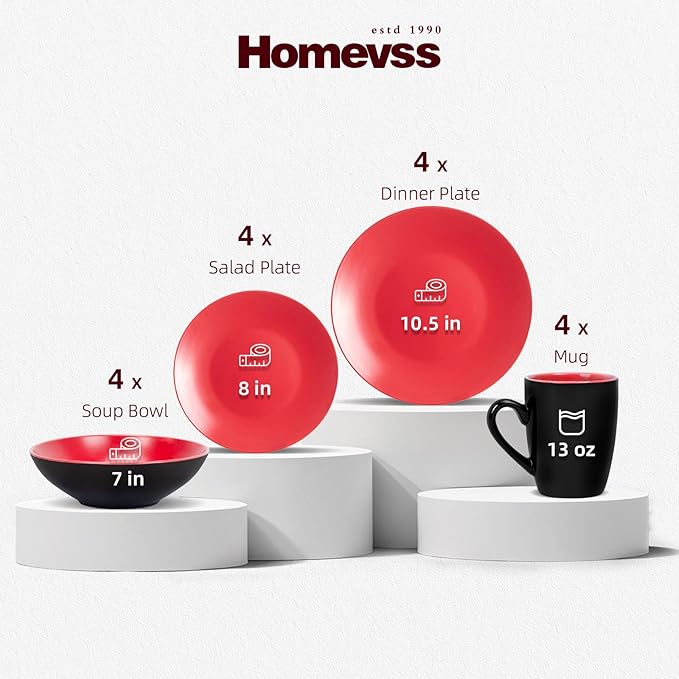 Stoneware Two-Tone Colors Life 16pc Dinner Set竊?Outside Shiny Black + Inside Matee Glaze Red