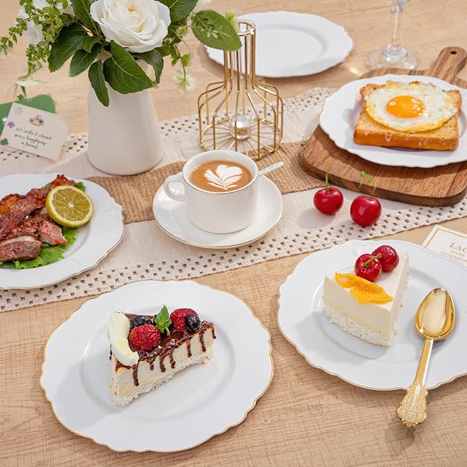 WDF 60pcs Gold Dessert Plates-7.5inch Baroque White and Gold Small Plastic Plates/Disposable Dessert/Salad/Appetizer Plastic Plate for Upscale Valentine's Day/Wedding/Birthday