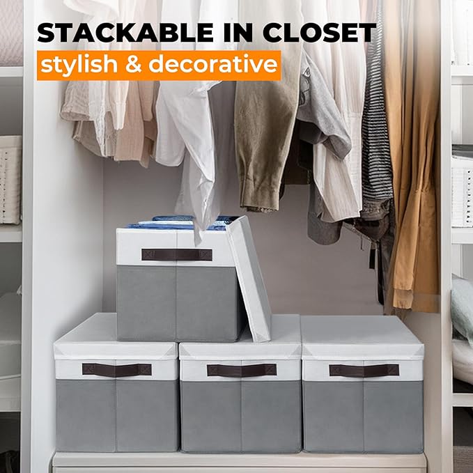 Criusia 6 Set Clothes Storage Bins with Lids - Stackable Fabric Closet Organizers and Storage Baskets for Shelves -Odorless Large Enough for Clothes Blanket Toy Storage -Dorm Room Apartment Essentials