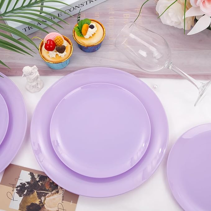 KIRE 60PCS Purple Plastic Plates Disposable - Heavy Duty Purple Plates Include 30Pcs 10.25??Dinner and 30Pcs 7.5??for Dessert/Salad - for Wedding/Bridal Shower