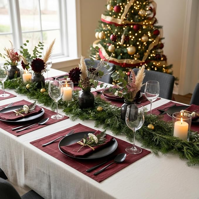 D'Moksha Homes Linen Placemats Set of 8 - Classic Hemstitch Dark Red Placemats 14 x 19 Inch - 100% Pure Linen Table Mats for Valentines, Spring - Handcrafted and Machine Washable