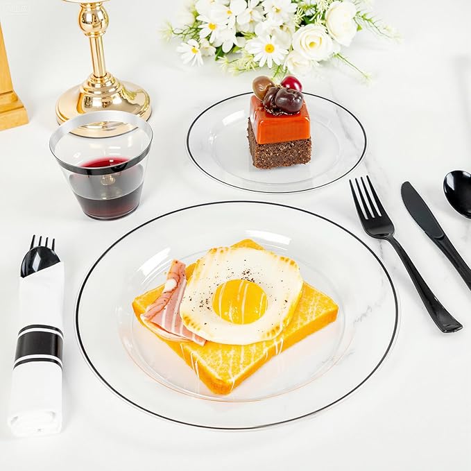 SUT 175 Pcs Black and Clear Plastic Dinnerware Set for 25 Guests, Include: 25 Dinner Plates, 25 Dessert Plates, 25 Pre Rolled Napkins With Silverware, 25 Cups, Disposable Plates for Party