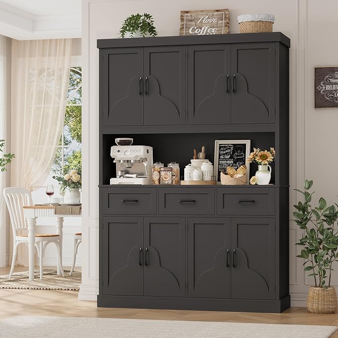 HITHOS 76" Tall Kitchen Pantry Storage Cabinet, 55??Wide Kitchen Hutch Cabinet with Storage Drawers, Large Food Pantry with Microwave Stand, Modern Cupboard with Hutch for Dining Living Room, Black