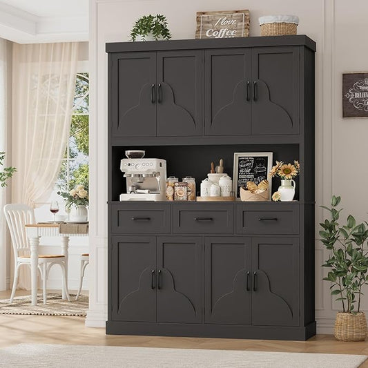 HITHOS 76" Tall Kitchen Pantry Storage Cabinet, 55??Wide Kitchen Hutch Cabinet with Storage Drawers, Large Food Pantry with Microwave Stand, Modern Cupboard with Hutch for Dining Living Room, Black
