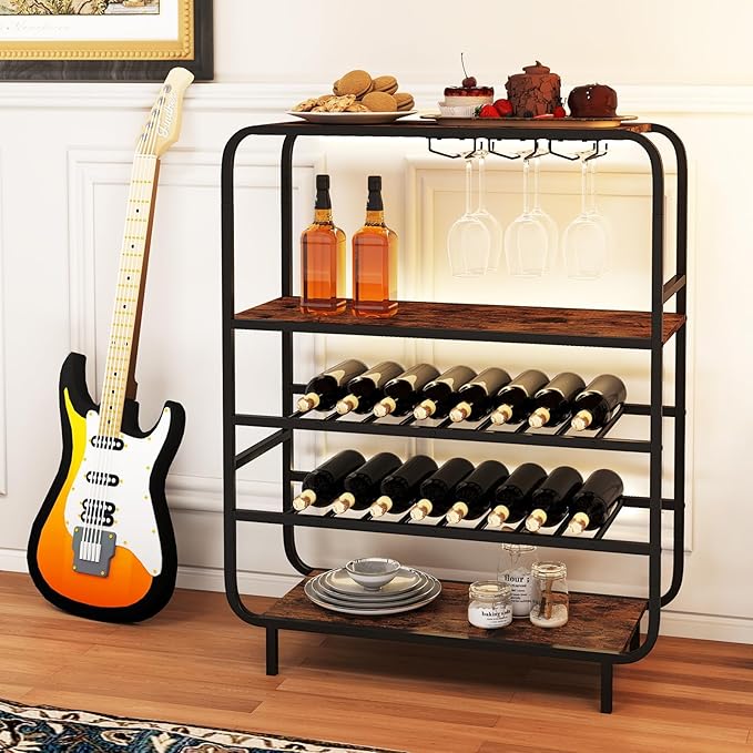 GOFLAME 16 Bottle Wine Rack, Freestanding Floor 5-Tier Wine Display Shelf w/Glass Holders, Metal Frame Industrial Liquor Display Stand with Storage Shelf for Kitchen, Home Bar