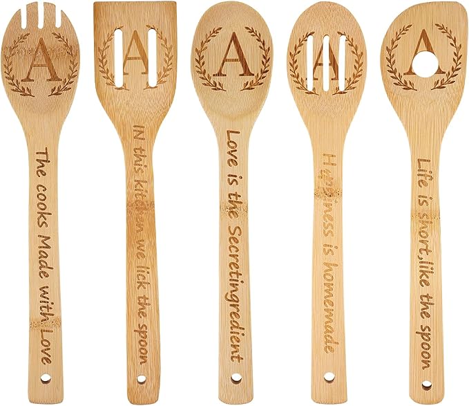 5PCS Initial Wooden Cooking Spoons Initial Letter Kitchen Decor Gifts Personalized Monogrammed Birthday Gifts for Women Mom Friend Housewarming Wedding Bamboo Cooking Spoons