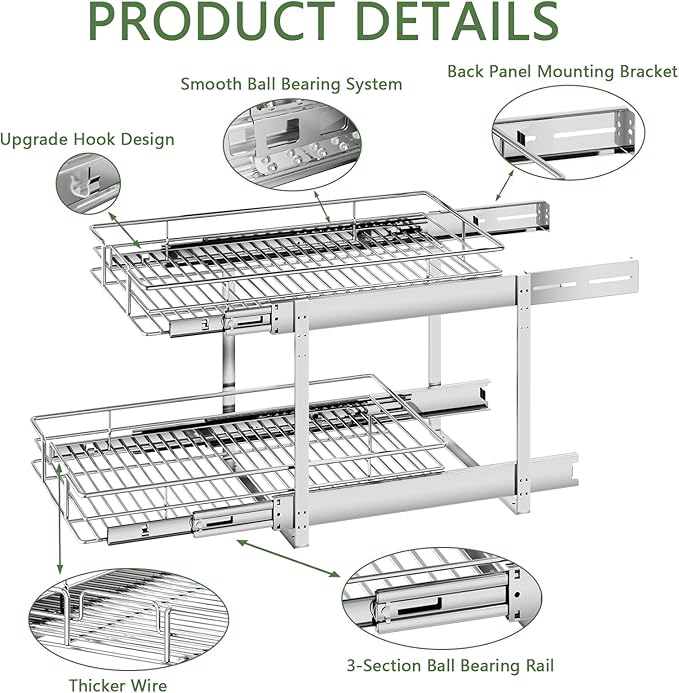 2 Tier Individual Pull Out Cabinet Organizer 14쩍" W x 21쩍" D, Heavy Duty Cabinet Pull Out Shelves, Slide Out Drawers Organization for Kitchen Cabinets Bathroom