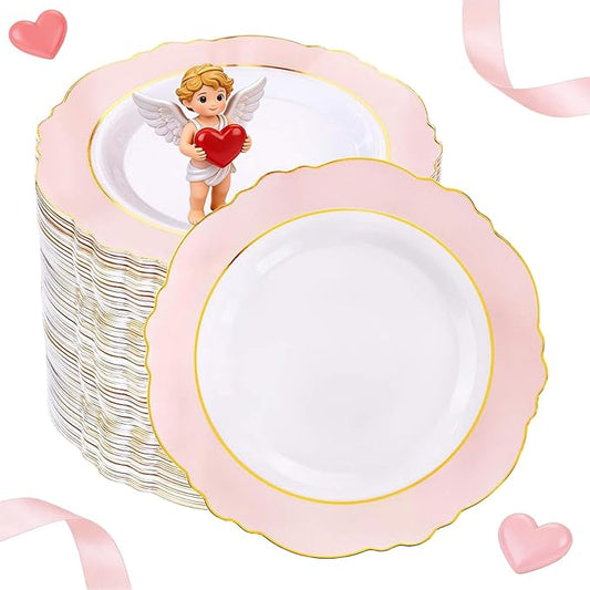 WDF 60pcs Pink Dessert Plates - 7.5inch Baroque Pink &White Disposable Dessert/Appetizer Small Cute Cake Plates for Upscale Parties &Wedding-Special for Bridal Shower, Brithday, Valentine's Day