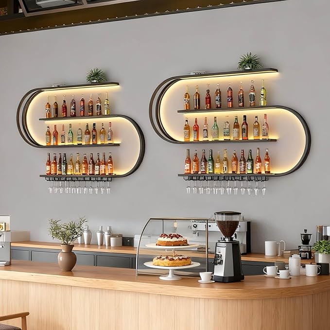 71in Wall Mounted Metal Wine Rack, Floating Wine Bottle Stand 4-Tier, Black Industrial Bar Liquor Bottle Display Shelf,for Home Bar Storage and Display (71in)