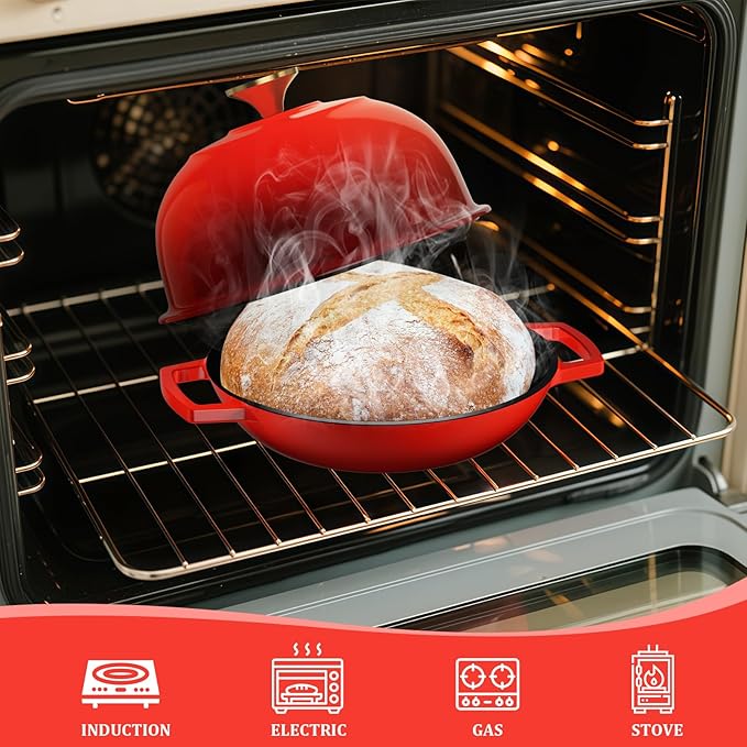 YUTANN Cast Iron Bread Baking Dutch Oven - Enameled Cast Iron Oven Pot with Dome Lid,5QT Bread Baker for Perfect Crust,Oven Safe to 500째F,Classic Red