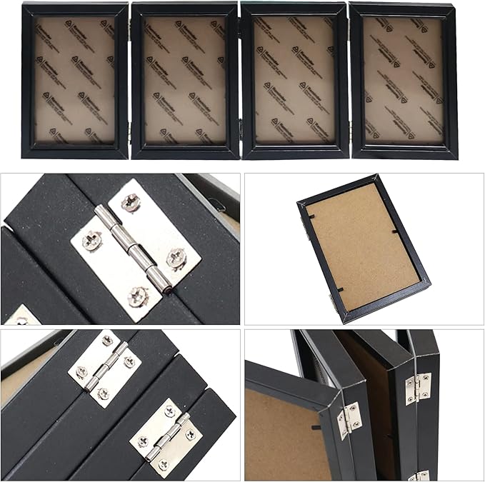 POILKMNI 4 Folding 4x6 Inch Hinged Picture Frame High Definition Natural Wood Picture Frame Rustic Desktop Acrylic Frame Family Photo Collage for Birthday Father's Day Christmas Family Lover Gift