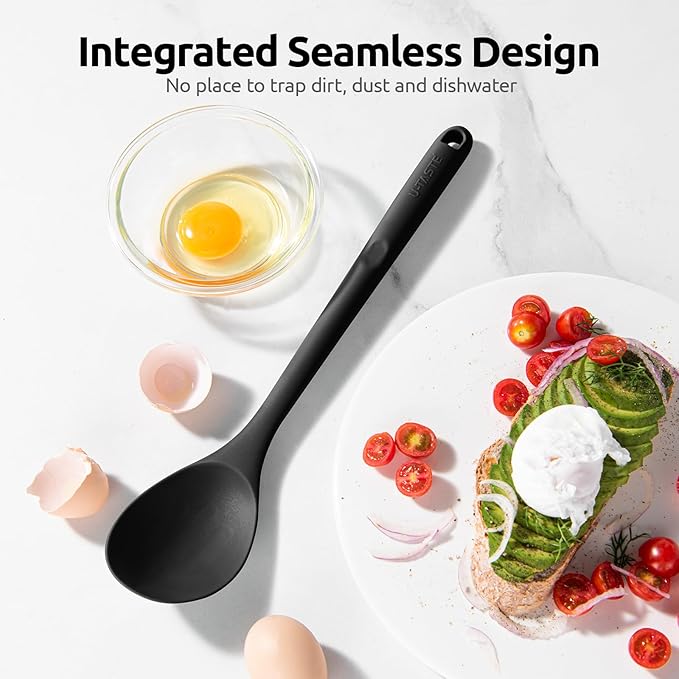 600쨘F Heat Resistant Silicone Spoons: U-Taste 13.3in Solid & Slotted Kitchen Cooking Spoon, Nonstick Long Rubber Utensil, Sturdy for Mixing, Serving, Stirring, Frying, Draining (Black, 2PCS)
