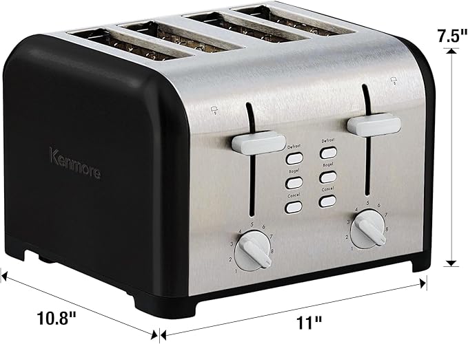 Kenmore Toaster 4 Slice - Extra Wide Slot Countertop Kitchen Appliance, Defrost Function, Grille-Pain, 9 Shade Settings, Easy Clean Crumb Tray, Bread Bagel, Stainless Steel Black
