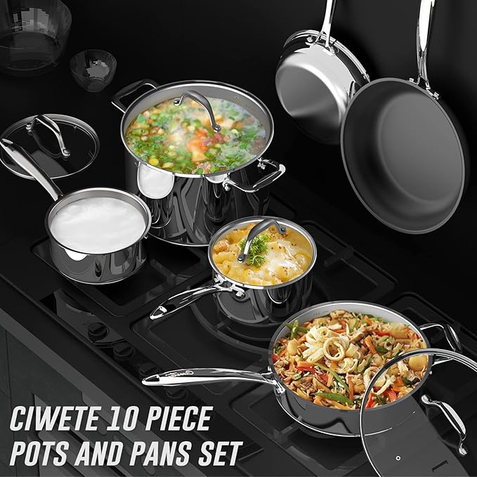 Stainless Steel Pots and Pans Set 10 Piece, Kitchen Cookware Set with Nonstick Frying Pans and Glass Lids, Induction Cookware Set, Including 2 Saucepans, Saut챕 pan, 2 Frying Pans, Stock Pot