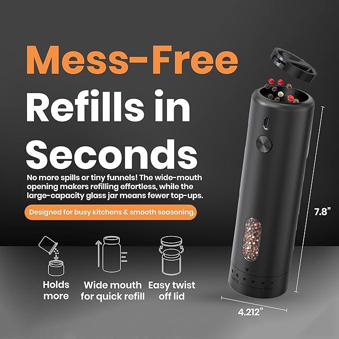 Electric Salt & Pepper Grinder Set 110mL Capacity ??Automatic Battery Operated Shakers, 5-Level Adjustable Coarseness, 1 Touch Operation, Type C Charging