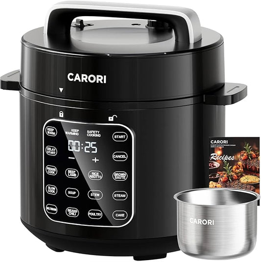 9-in-1 Electric Pressure Cooker 6 Quart Black, Stainless Steel Pot, 12 Preset Functions with Touchscreen, Safe Steam Release, Stew, Slow Cook, Rice, Saut챕, Warmer