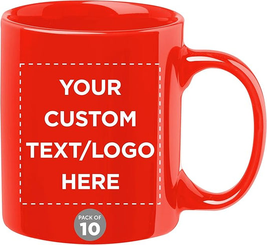 Custom Ceramic Coffee Mugs 11 oz. Set of 10, Personalized Bulk Pack - Coffee cup set, Iced coffee cup, Gaming mug - Red
