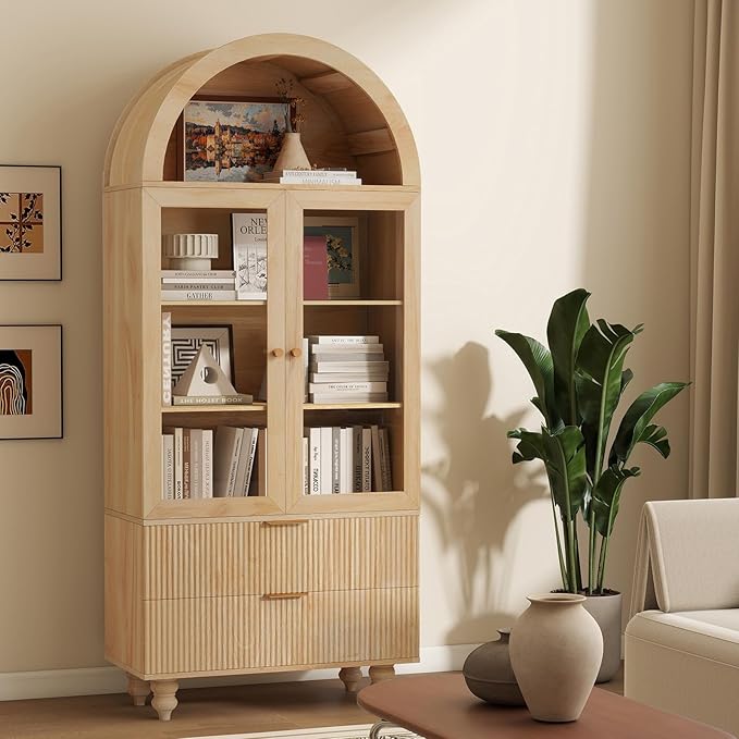 71" Tall Arched Pantry Cabinet With Glass Door, Fluted Kitchen Storage Cabinets with Shelves and Large Drawers, Wooden Buffet Cabinet Credenza for Living Room, Entryway, Coffee Station, Natrual Oak