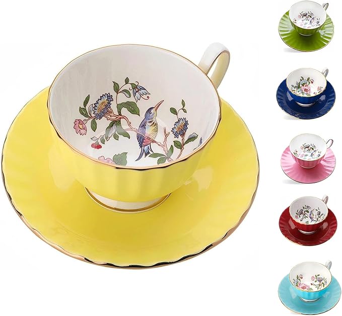 Aynsley Pembroke Glaze Oban 2-Piece Fine Bone China Teacup & Saucer - 6oz (180ml), Handpainted Floral with Gold Trim - Vintage Gift Set-Yellow