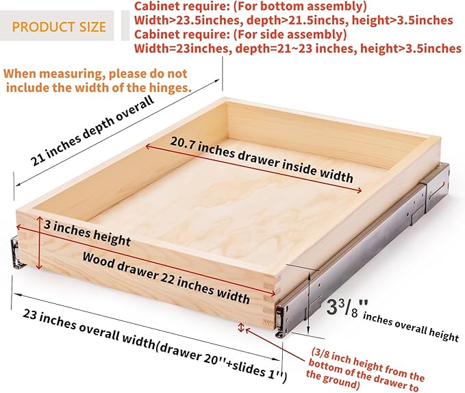 23?쓂 x 21?쒭 x 3?쒱 Soft Close Slide Out Wood Drawer Organizer for Kitchen, Bottom and Side Assembly (Cabinet Opening>23.5 inches for Bottom Assembly, Opening= 23 inches for Side Assembly)
