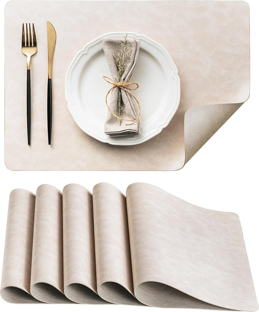 DOLOPL Placemats Set of 6 Reversible Dual-Color Table Placemats ??Heat Resistant Wipeable & Washable Place Mats, Luxury Faux Leather Table Mats for Vintage Dining Table Decor (Beige & Light Grey)