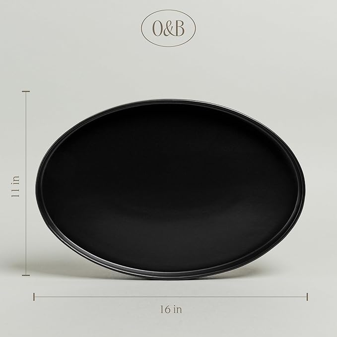 Over&Back Stackable Stoneware Serving Platter - Elegant 1-Piece Oval Serving Platter to Complete Your Kitchen Set - Perfect for Appetizers, Desserts, and More - 16" L x 11" W - Semi-Matte Black