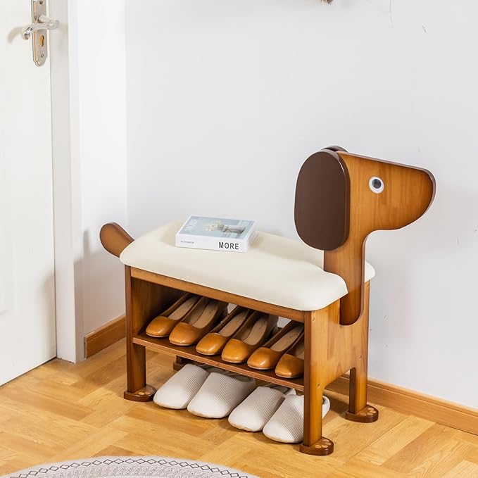 SOBIBO Shoe Bench with Cushion, 2-Tier Dog Entryway Bench Cute, Wood Shoe Rack Bench,23.62 inches