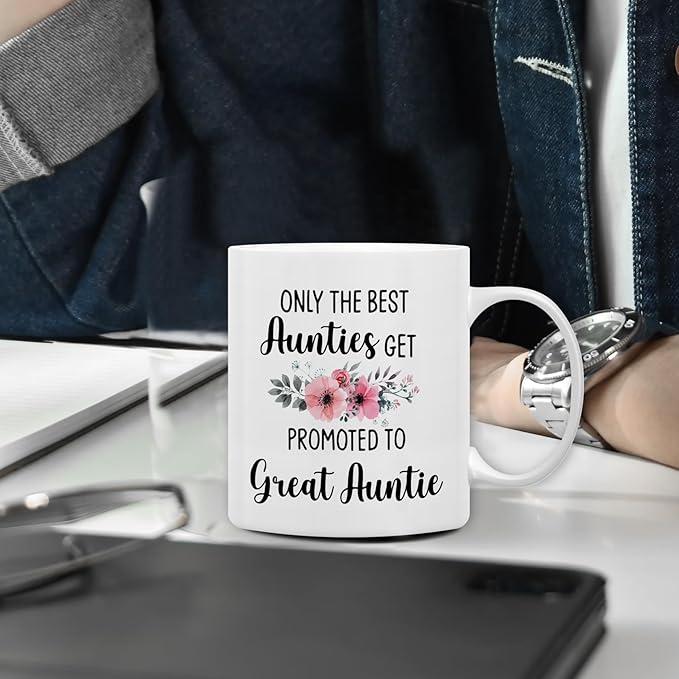 QASHWEY Great Auntie Gifts Mug, Great Auntie to Be Gift Coffee Mug, Pregnancy Announcement Gifts for Aunties New GreatAuntie, the Best Aunties Get Promoted to GreatAuntie CoffeeCup Ceramic 11oz