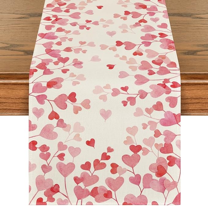 Artoid Mode Pink Love Valentine's Table Runner, Anniversary Wedding Kitchen Dining Table Decoration for Home Party Decor 13x36 Inch