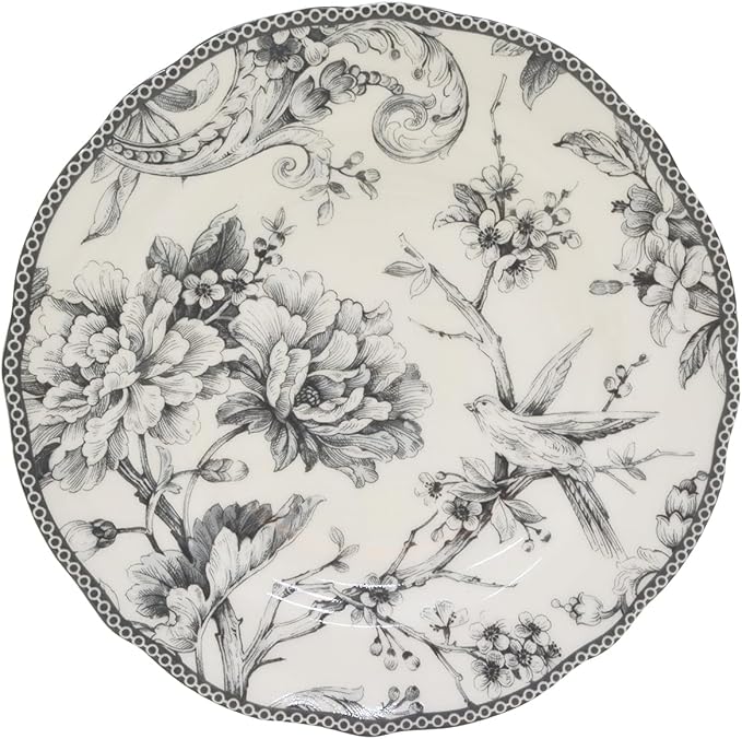 222 Fifth Adelaide 16-Piece Casual Grey Porcelain Dinnerware Set ??Service for 4, Classic Toile Bird & Floral Design, Microwave & Dishwasher Safe, for Everyday Dining & Entertainment